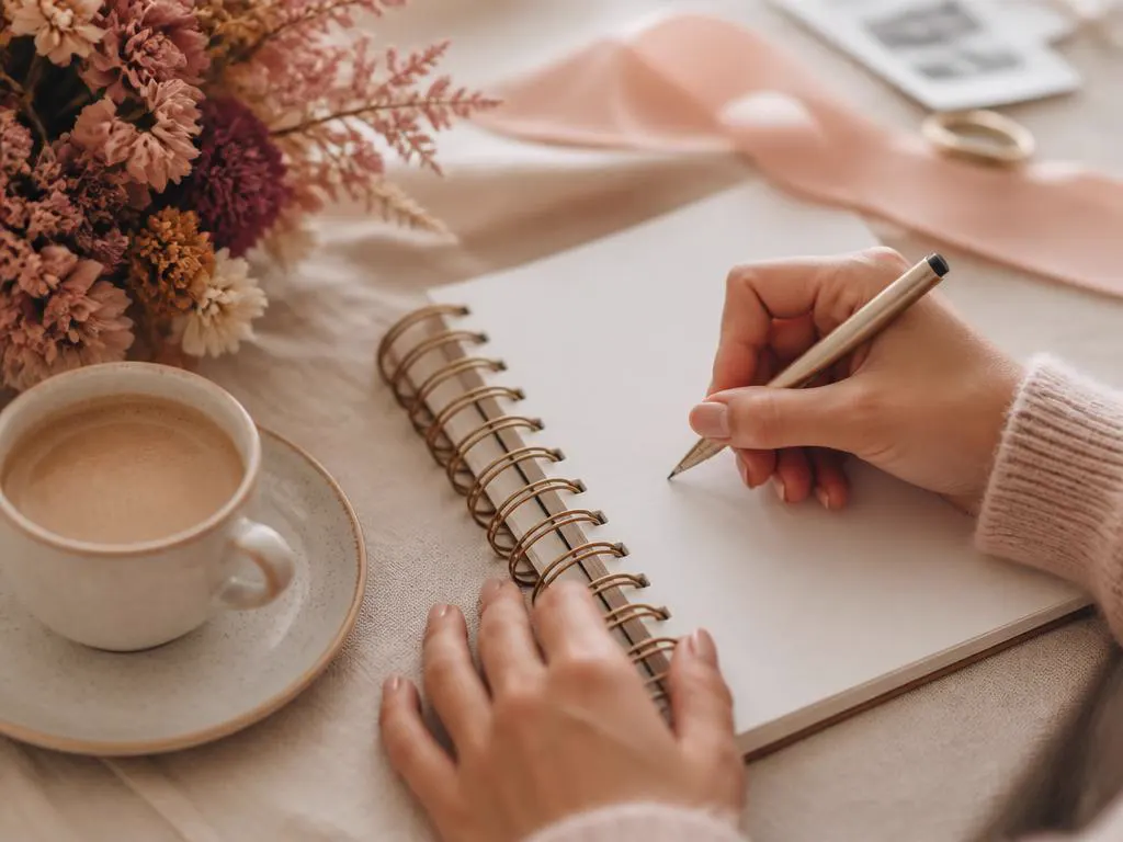 Mains écrivant la liste des invités d'un mariage dans un carnet