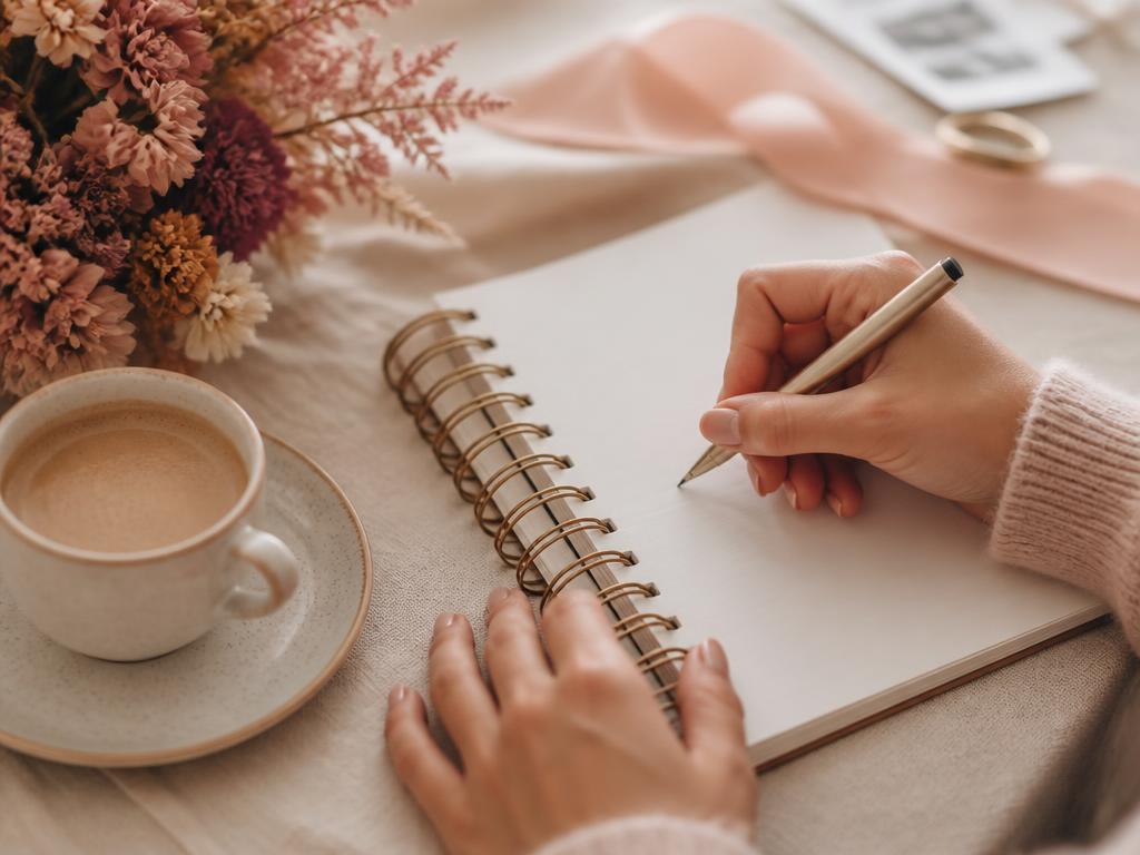 Mains écrivant la liste des invités d'un mariage dans un carnet
