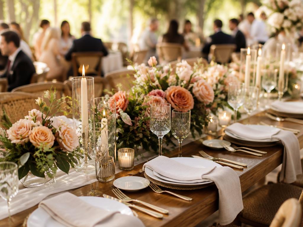 Table de réception de mariage dressée avec des fleurs roses et pêche