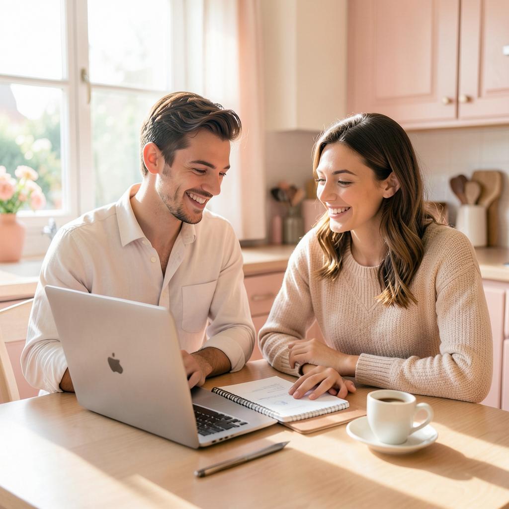 Un couple suit le budget de son mariage sur un ordinateur portable