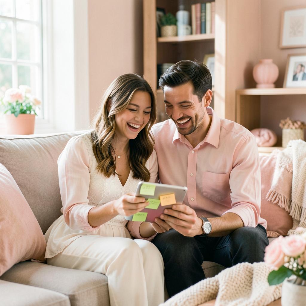 Un couple rit en préparant son mariage sur une tablette