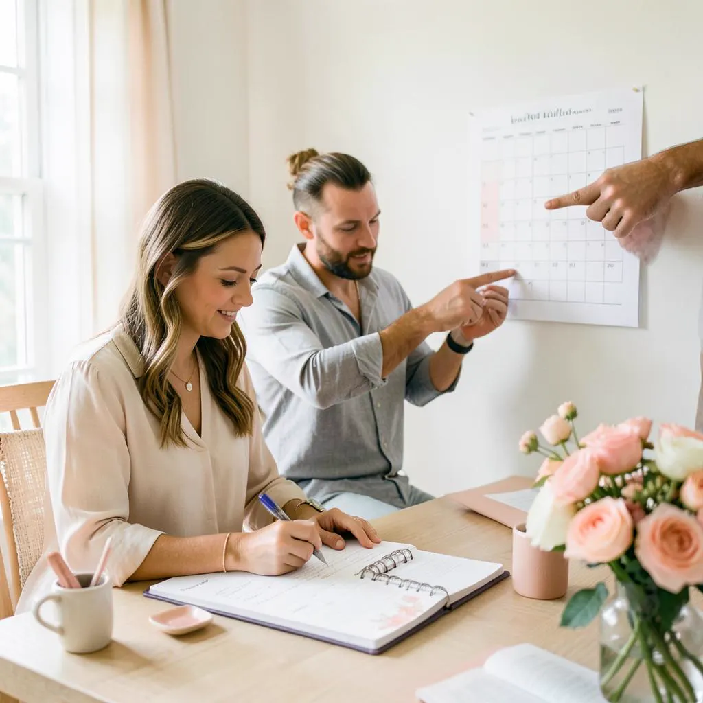 Un couple note sa checklist de mariage et consulte un calendrier