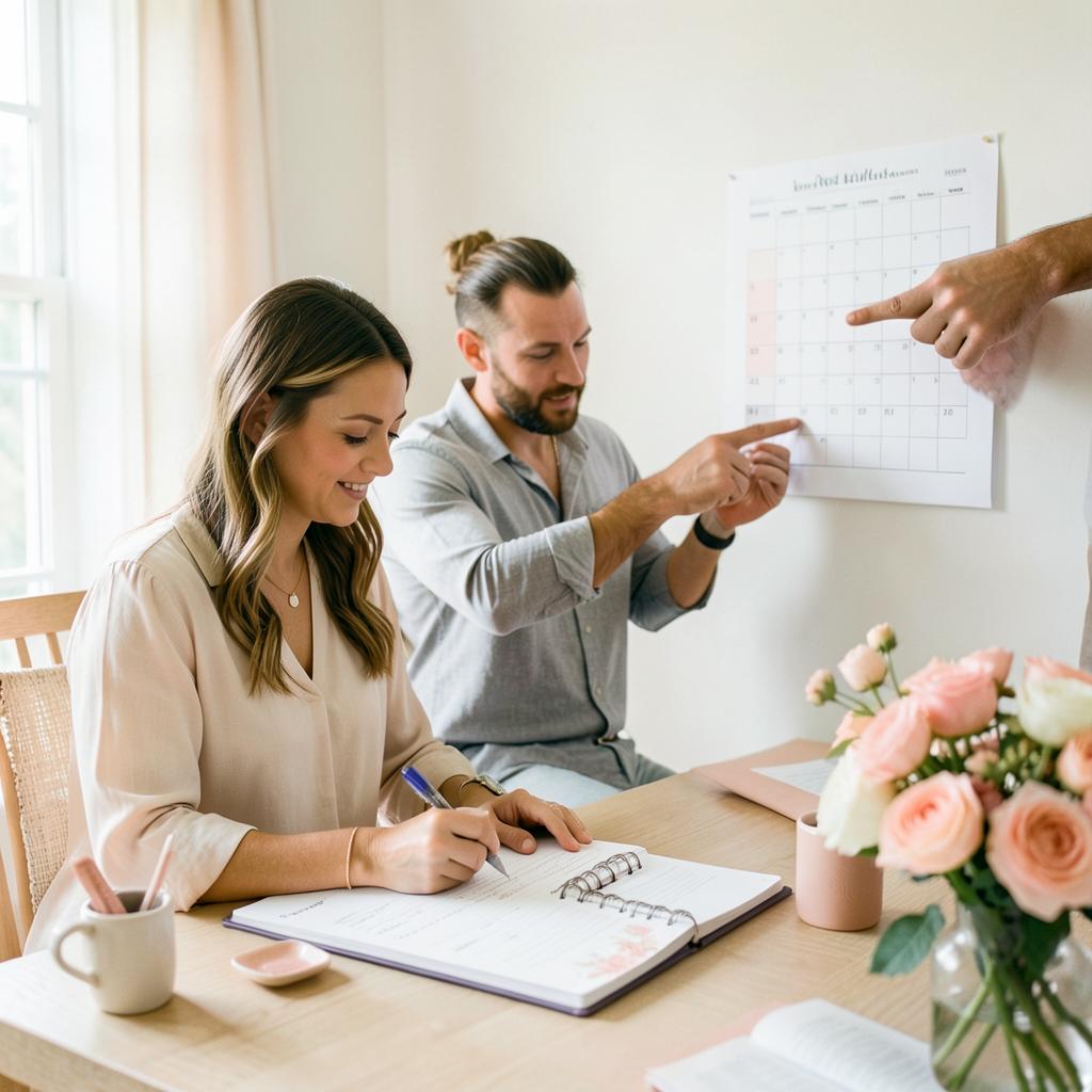 Un couple note sa checklist de mariage et consulte un calendrier