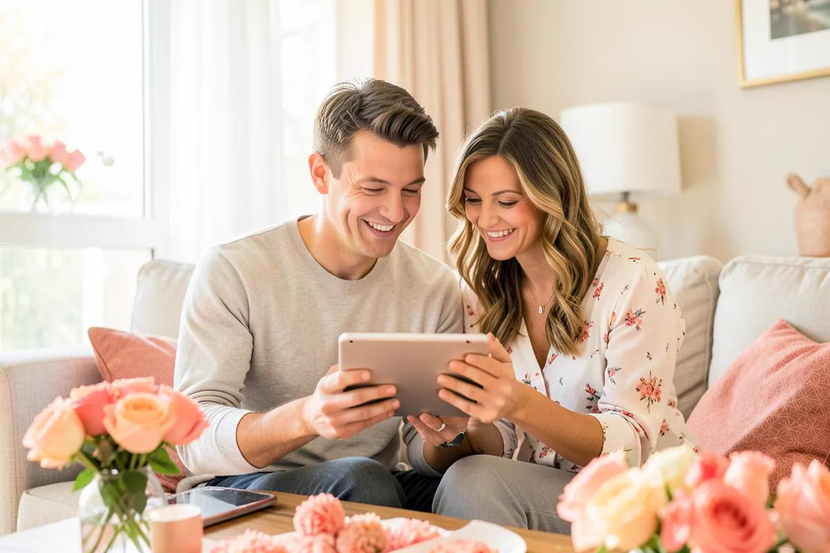 Un couple consulte l'application d'organisation de mariage sur une tablette