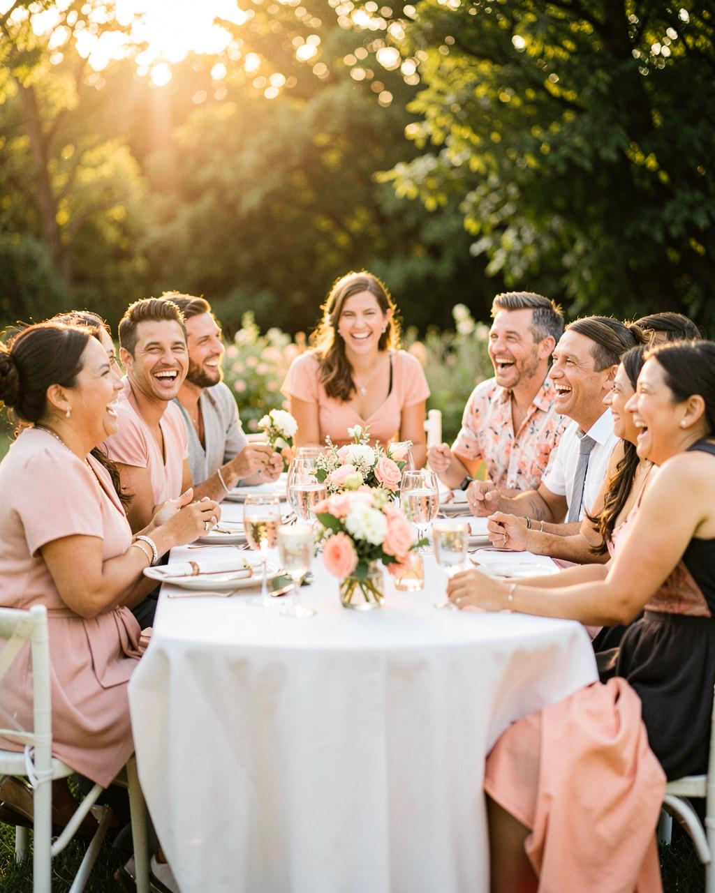 Des invités rient ensemble autour de la table lors d'un mariage
